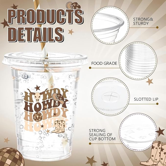 Yungyan 50 Sets Western Cowboy Plastic Cups with Lids and Straws 16 oz Howdy Brown Cowboy Cowgirl Coffee Juice Drinking Cups for Western Party Decoration Wedding Birthday Bachelorette Party Supplies
