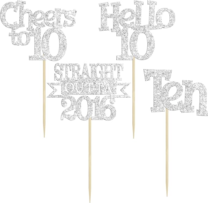 Ephlyn 24Pcs Happy 10th Birthday Cupcake Toppers Glitter Ten Cupcake Picks Hello 10 Cheers to 10 Years Cake Decorations for 10th Birthday Anniversary Party Decorations Supplies Silver