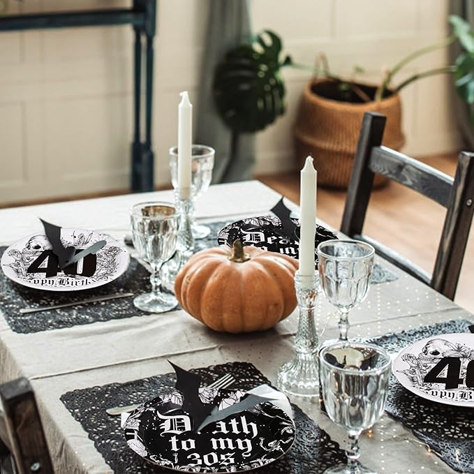 Grencian 96 Pcs Death To My 30s Birthday Decorations 40th Birthday Plates and Napkins Tableware Set Disposable Black Rip To My 30s birthday Party Supplies for Funeral for My Youth Serves 24