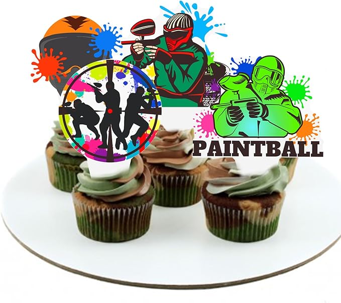 Paintball Cupcake Toppers 48PCS Paintball Birthday Party Decorations Colorful Splash Shooting Game Cake Toppers Paintball Cupcake Decorations for Sport Theme Party Supplies