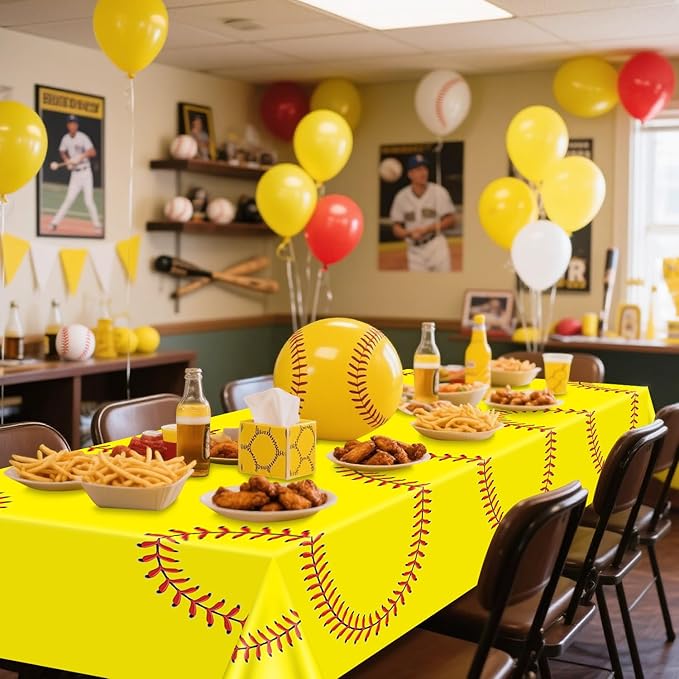 Softball Table Cloth, 4 Pcs 51 x 86 in Disposable Plastic Tablecloths for Softball Party Decorations Sports Party Supplies