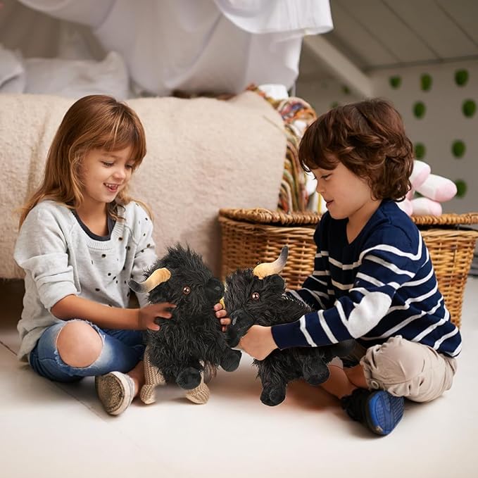 Highland Cow Stuffed Animal,10.5 inches Realistic Cow Plush Toy,Animal Cattle Plush Farm Toy,Farm Plushie Christmas Birthday Present for Boys Girls Kids Grandchildren (Black)