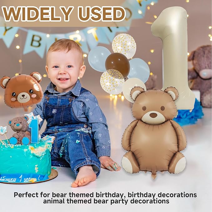 11 Pcs Bear BalloonsTeddy Bear Balloon Kit - Brown Foil & Latex Matte Anti-Reflective, Bear Baby Shower Beary First Birthday Party Decor, 12-40 Inch Large Bear Head Number 1 Rainbow Balloons