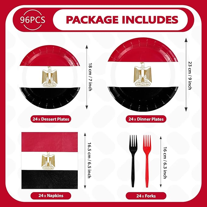 96Pcs Egypt Flag Party Supplies Egyptian Flag Plates and Napkins Red White Black Flags Tableware Set for Egyptian National Sports Events Patriotic Festival Birthday Party Supplies Serves 24