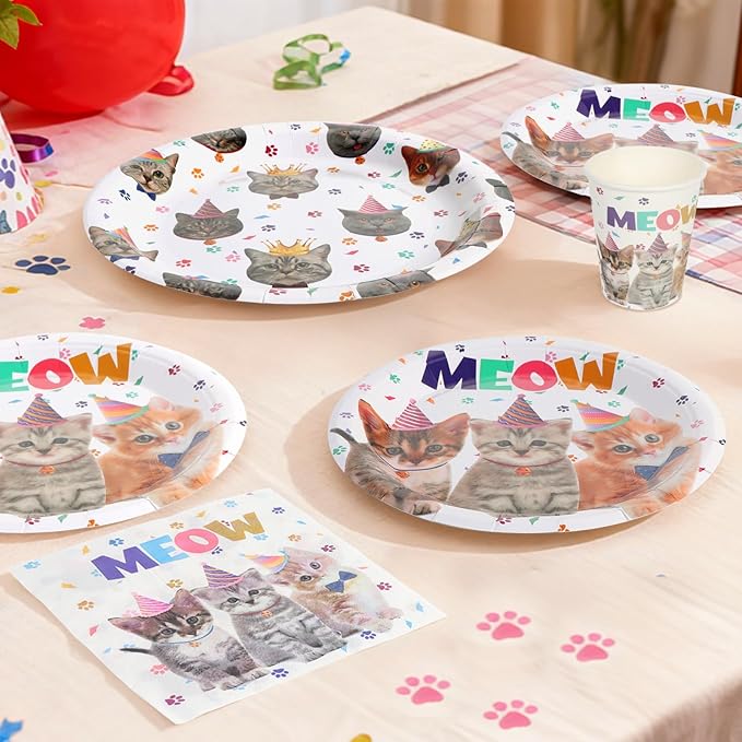 96Pcs Cat Birthday Party Supplies Pet Cat Paper Plates and Napkins and Cups Baby Shower Kids Birthday Tea Party Decorations, Serves 24