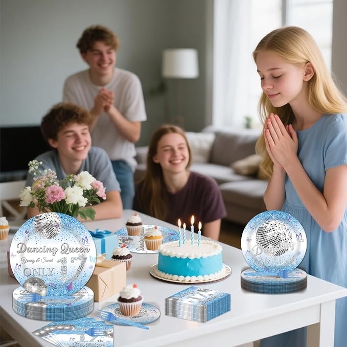 96Pcs Dancing Queen 17th Birthday Disposable Tableware Set - Dancing Queen Happy 17th Birthday Paper Plates Napkins Forks Blue Disco 17 Years Old Party Supplies Serve 24 Guests