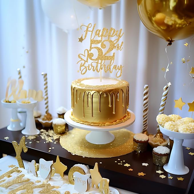 Happy 52nd Birthday Cake Topper, 52 Birthday Decorations for Women/Men, Cheers to 52 Years, Hello 52, 52nd Happy Birthday Party Supplies Gold Glitter
