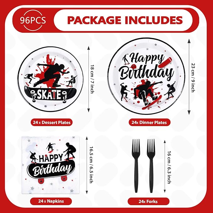 96 Pcs Skateboard Birthday Party Supplies Skate Plates and Napkins Disposable Skateboard Sports Theme Tableware Set for Skater Birthday Baby Shower Party Decorations Serves 24