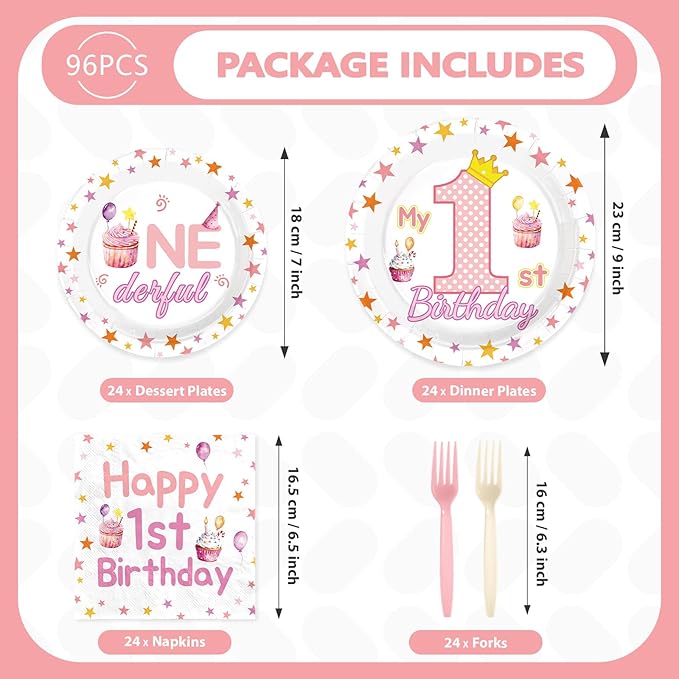 96 Pcs Pink First Birthday Party Decorations Sweet One Happy 1st Birthday Plates and Napkins Pink Party Crown Tableware Set for Girl 1-Year-Old-Birthday Supplies, Serves 24