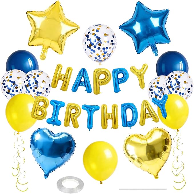 27 Pcs Gold Blue Birthday Decorations, 3D Letters Yellow Blue Happy Birthday Balloon Banner, Pentagram Heart Foil Balloons Confetti Balloons Kit For Boys Girls Party Supplies