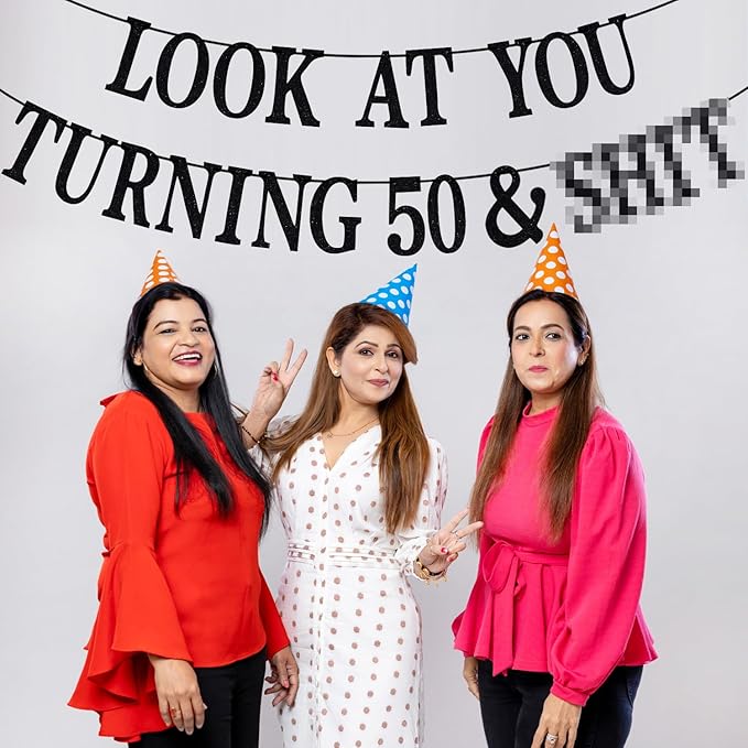 Black Glitter Look at You Turning 50 & Sh*t Banner, Happy 50th Birthday/Level 50 Unlocked/Cheers to 50 Years, Funny 50th Birthday Party Decorations Supplies