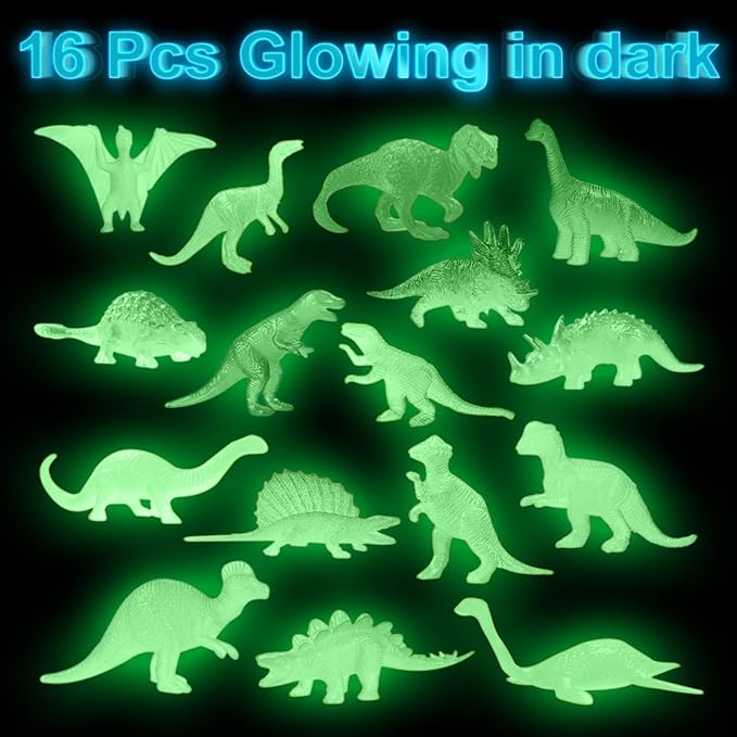 16PCS Glow in Dark Mini Dinosaur Figures for Kids Birthday Party Favors Supplies Dino Cupcake Topper Decoration Goodie Treat Bag Stuffers Pinata Fillers Treasure Carnival Prizes Valentines Day Gifts