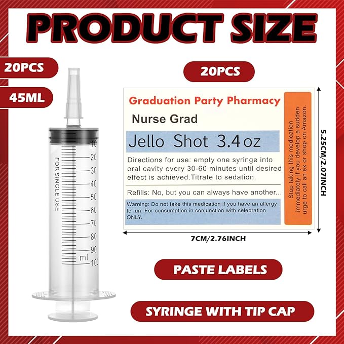 40 Pcs Nursing Graduation Party Supplies, 20 Pcs Plastic Syringes for Drinks, 20 Sticky Labels, Class of 2026 Graduation Decoration Nurse Party Supplies Bsn Rn Lpn Gift (100 ml)