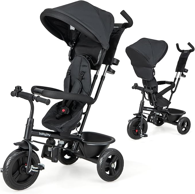 BABY JOY Tricycle, 4 in 1 Toddler Bike w/Removable Canopy, Adjustable Push Handle, Reversible Seat, Safety Belt, Folding Footrest & Storage Basket, Toddler Tricycle for Boys Girls 9-60 Months (Black)
