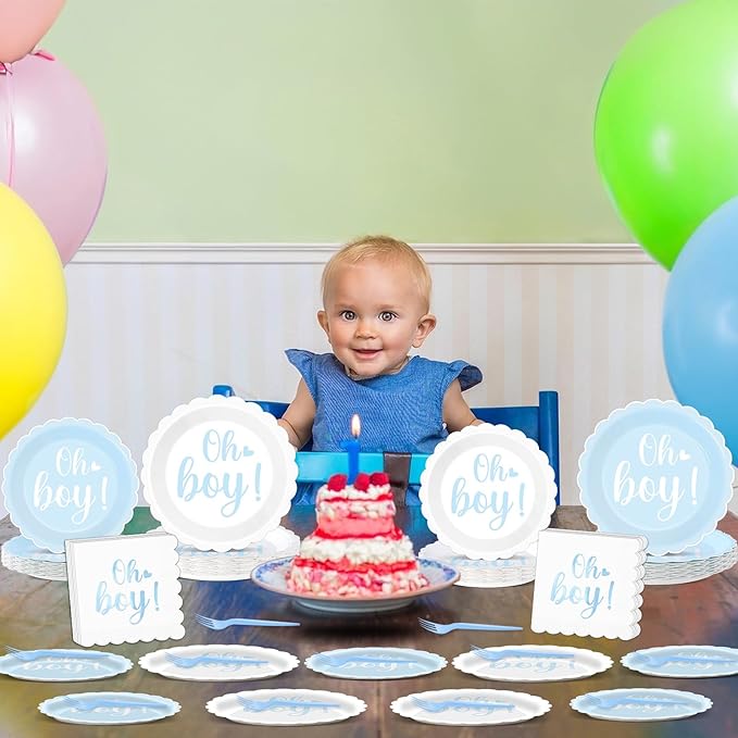 96PCS Oh Boy Baby Shower Decorations Blue Foil Scalloped Paper Plates Napkins Oh Boy Tableware Party Supplies Blue Baby Shower Dinnerware for Gender Reveal Birthday Welcome Party Favors