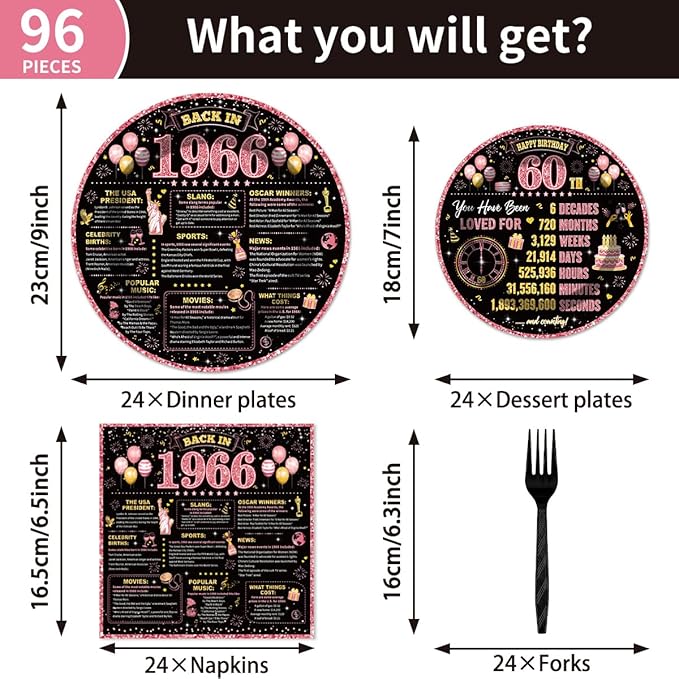 96Pcs 60th Birthday Decorations Women Tableware Set Rose Gold Back in 1966 Paper Plates Napkins Forks Cheers to 60 Years Disposable Tableware Decor for 60th Bday Theme Party Favor Serve 24 Guests