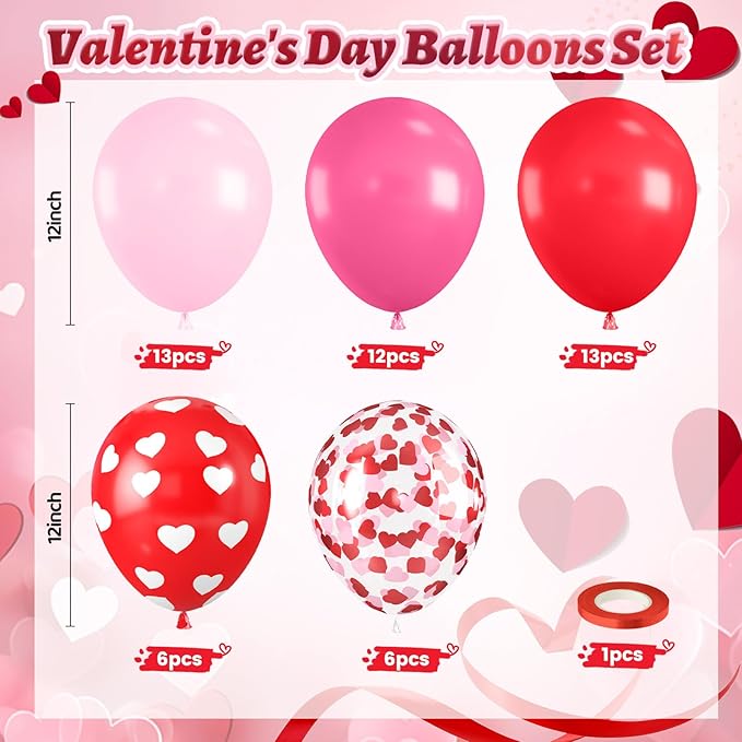 Red and Pink Balloons, Valentine's Day Balloon with Red Pink Heart Printed Confetti Latex Balloons For Valentine Party Birthday Baby Shower Party Wedding Bridal Anniversary Engagement Decorations