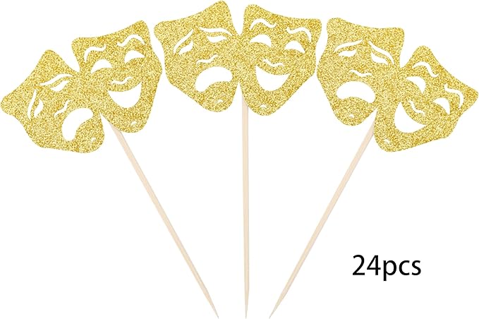 24 PCS Theatrical Mask Cupcake Toppers Gold Glitter Comedy Movie Night Cupcake Picks Film Festival Theme Birthday Party Cake Decorations Supplies
