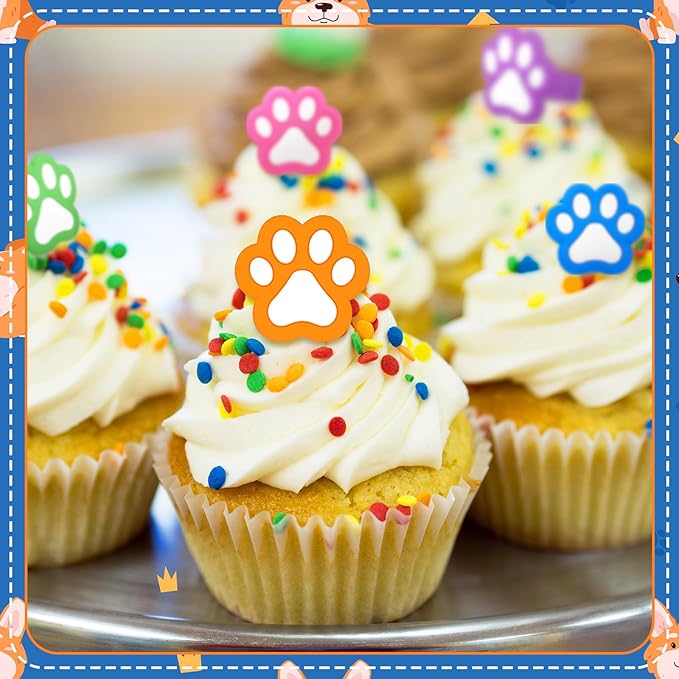 48 Pcs Paw Dog Cupcake Rings Toppers Decorations Orange Blue Red Yellow Paw Dog Theme Birthday Cupcake Rings Decorations for Puppy Baby Shower Party Supplies(White, Black)