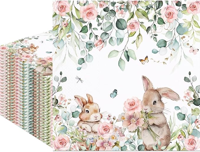 80Pcs Spring Easter Bunny Paper Napkins Cute Rabbits Disposable Napkin Bunny Printed Decorative Napkins Party Supplies Table Decor