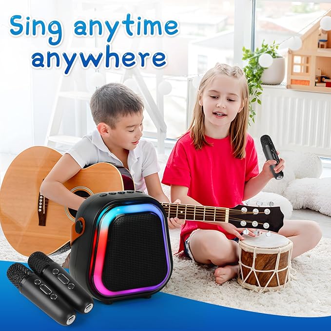 K269 Mini Karaoke Speaker with LED Lights, Portable Bluetooth Entertainment System with 2 Microphones, Dynamic Color-Changing Effects for Kids (Black+2 Mic)