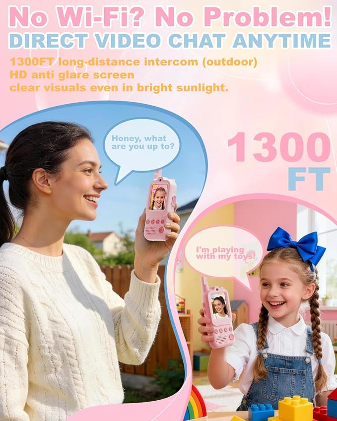 Video Walkie Talkies for Kids 2 Pack Rechargeable Video Intercom with HD Camera, 6 Voice Effects, Long Range Radios, Family Camping Toys, Gifts for Boys Girls Ages 3-12 (Pink&Pink)