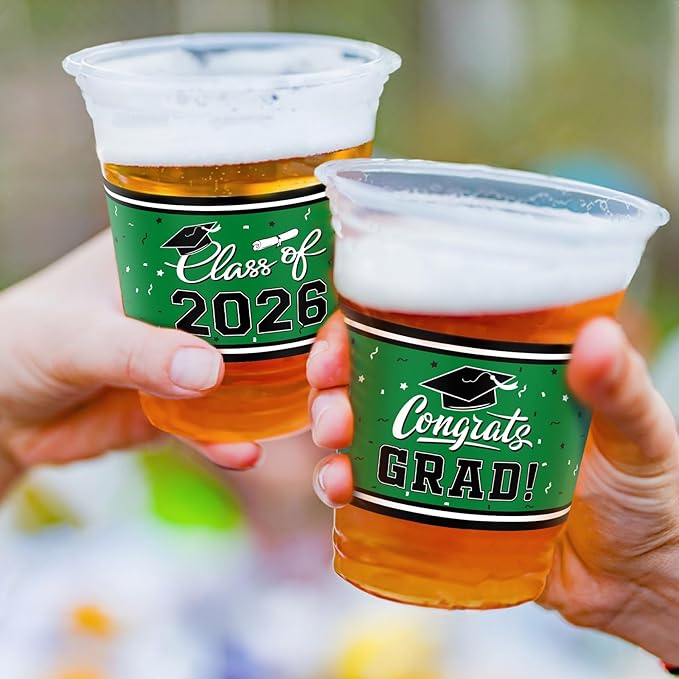 Gatherfun Class of 2026 Celebration - 100 Pcs 16oz Green Graduation Plastic Cups for Sturdy & Durable Drinkware for Grad Festivities | Essential Graduation Party Supplies & Decorations