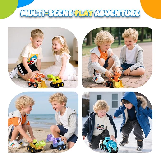 Construction Toys for 2 3 4 5 Year Old Boy Kids Toddlers, Press and Go Dino Truck Construction Vehicle Toys Sandbox Excavator Toys Boy Birthday Gifts
