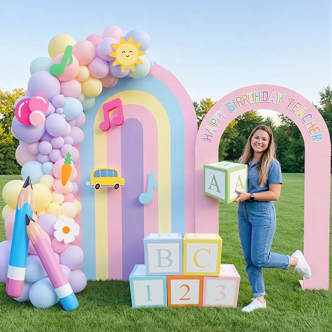 Moukeren 23 Pcs Large English Teacher Party Decor Kit Backdrop, 12 Cutouts, 4 Pencil Balloons 6 ABC Paper Blocks for Cartoon Girls Birthday Party Supplies Cartoon Themed Events
