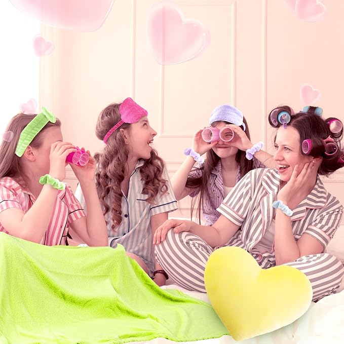 72 Pcs Sleepover Party Supplies for Girl Spa Slumber Birthday Favors Throw Blanket Pillow Eye Mask Headband Scrunchies (Solid Color,Multicolor)