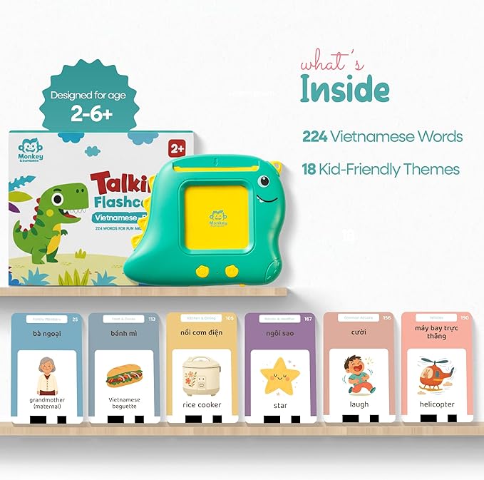 Monkey & Bananas | Vietnamese–English Talking Flash Cards | Southern & Northern Dialects | Bilingual Toy for Toddlers & Beginner Learners | 224 Words, 18 Themes | Screen-Free Learning Toy | Ages 2–6