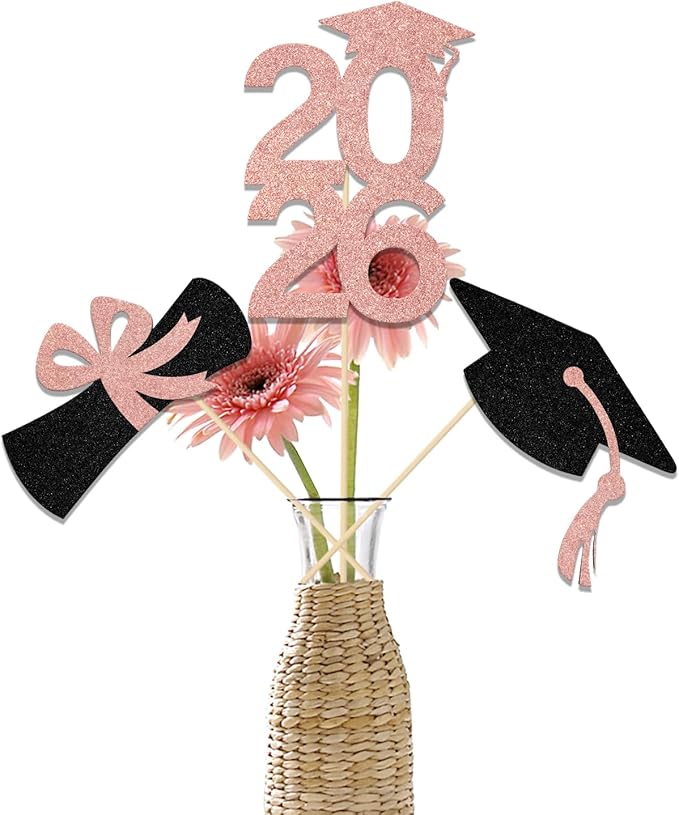 12Pcs Graduation 2026 Graduation Centerpiece Sticks Class of 2026 Party Decor Table Toppers for College High School Graduation Party Supplies Rose Gold & Black