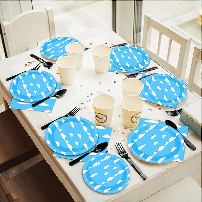 Blue Sky 96 Pc White Clouds Party Plates & Napkins - Cartoon Story Tableware Set - Clouds Theme Decorations & Favors for Girls & Boys Birthday & Baby Shower - Serves 24