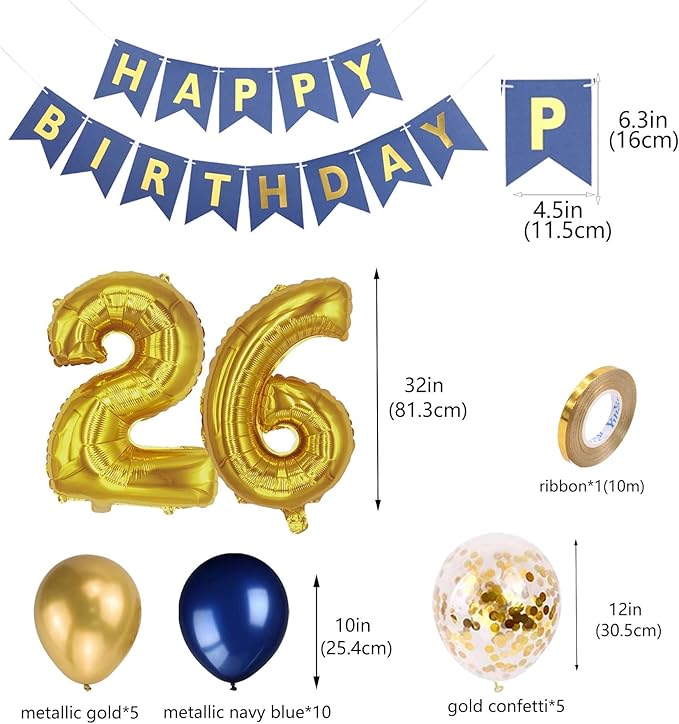 26th Birthday Party Decorations for Men, Navy Blue 26th Birthday Banner Gold Number 26 Foil Balloon Metallic Confetti Balloons for Him Her 26 Years Old Birthday Supplies(26th)
