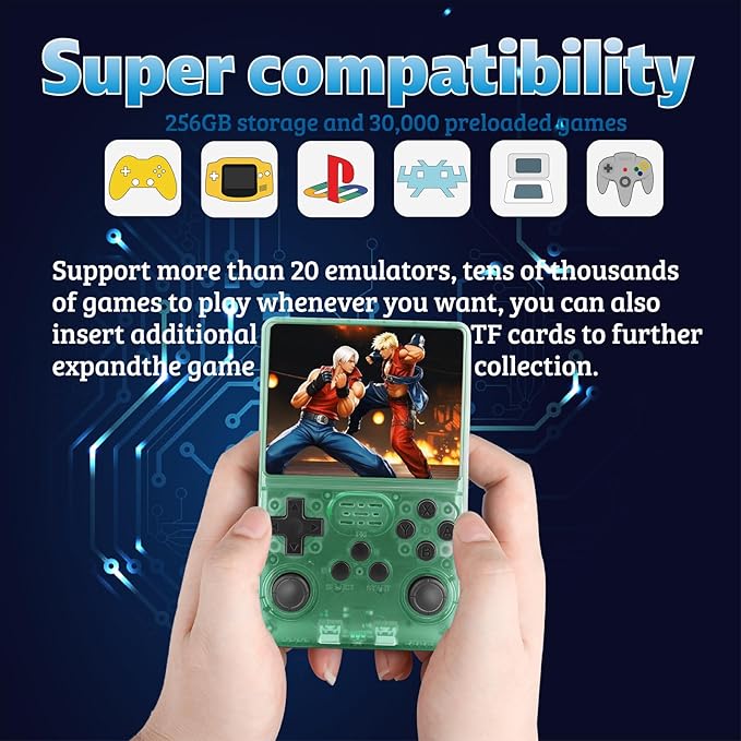 R40S Retro Game Console - 3.5 Inch IPS Screen, 256G Extra Large Memory, Portable Pocket Video Player, Linux System, Travel Essentials, Perfect for Halloween (Transparent Green 256G)