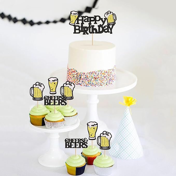 Ercadio 25 PCS Beer Party Cupcake Toppers Cheers and Beers Happy Birthday Decor for Beer Kegs Cake Topper Favor for Summer Family Party Decor Supplies