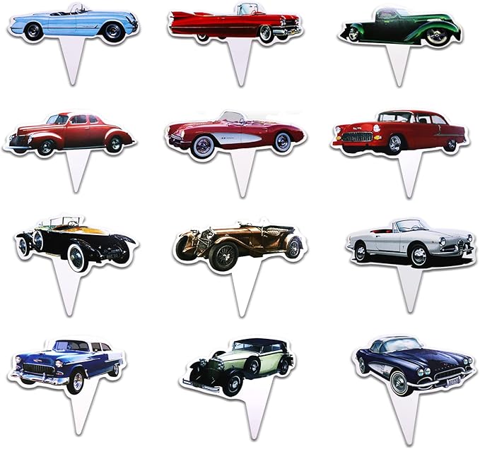Classic Cars 24 pcs Cupcake Toppers, 1950's Convertible Vintage Car Theme Party Supplies Favors,Cake Picks For Birthday Anniversary Wedding Engagement Party Decorations