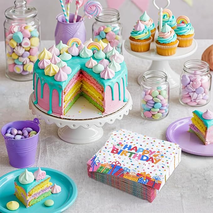 100 Pcs Happy Birthday Napkins Kids 5X5 Inch Rainbow Birthday Cocktail Napkins with Colorful Dots and Gift Boxs Pattern Design, Birthdays Party Supplies Suitable for Women & Kids