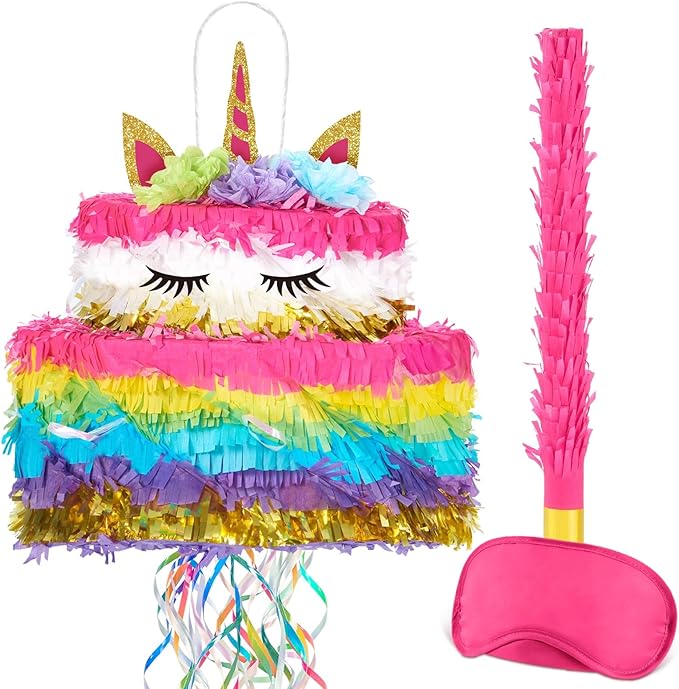 WERNNSAI Unicorn Cake Piñata Foldable - Unicorn Party Decorations Pink Girl Birthday Party Games Princess Piñata with Blindfold Bat and Tassels Happy Birthday Supplies for Kids Girls Classroom Game