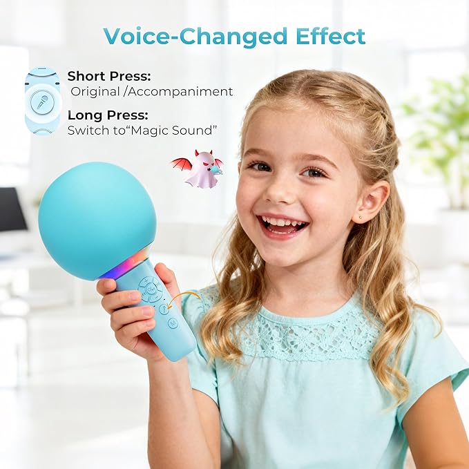 Wireless Bluetooth Karaoke Microphone for Kids, Portable Handheld Karaoke Mic Speaker Toys with LED Light, Best Christmas Birthday Festival Party Gift for 3 4 5 6 7 8 9+ Year Old Girls Boys (Blue)