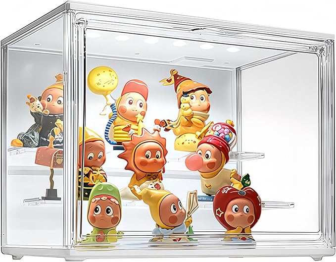 Acrylic Display Case for Collectibles with LED Light, 3-Tier Adjustable Figure Showcase, Stackable Magnetic Door for Lego Toys & Action Figures
