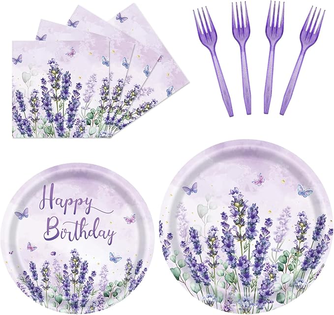 96Pcs Purple Party Supplies Lavender Paper Plates Napkins Watercolor Blooming Floral Cake Dessert Butterfly Birthday Floral Tableware for Birthday Wedding Picnic Baby Shower Decorations | 24 Guests
