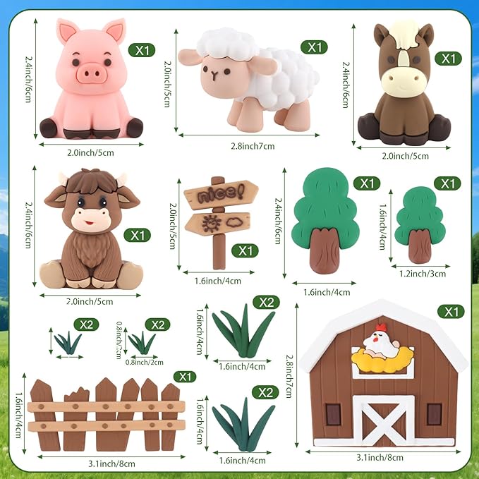 Hooqict 17Pcs Farm Cake Decorations Set with Mini Horse Cow Pig Sheep, Farm Animal Cake Toppers for Party Animal Birthday Cake Decorations Supplies Baby Showers