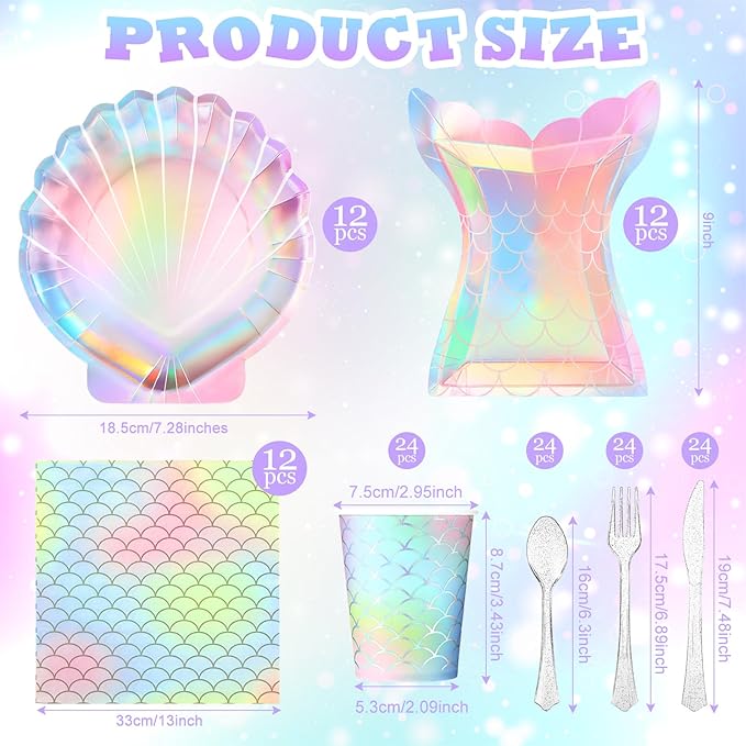 144 Pcs Mermaid Party Supplies Tableware Mermaids Themed Decorations Under the Sea Party Dinnerware Set Includes Plates Napkins Cups Spoons Fork Knives for Baby Shower Birthday Party(Cute Style)