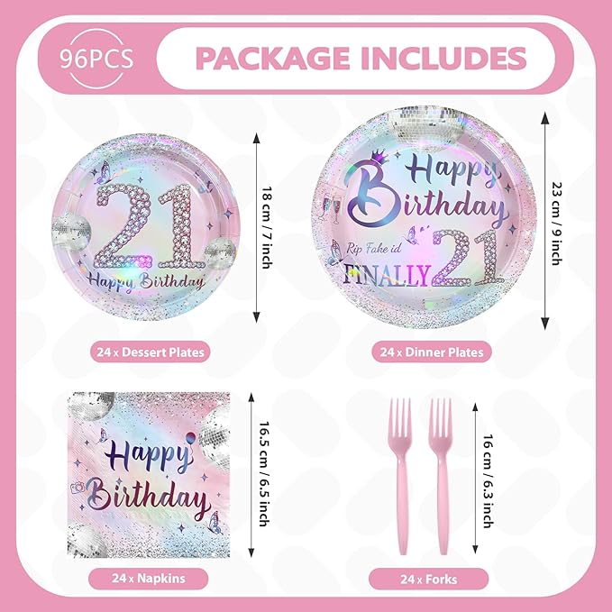 96Pcs 21st Birthday Party Decorations for Girls Plates and Napkins Iridescence Silver Pink 21st Tableware for Girls The Twenty-First Birthday Party Decorations Serve 24