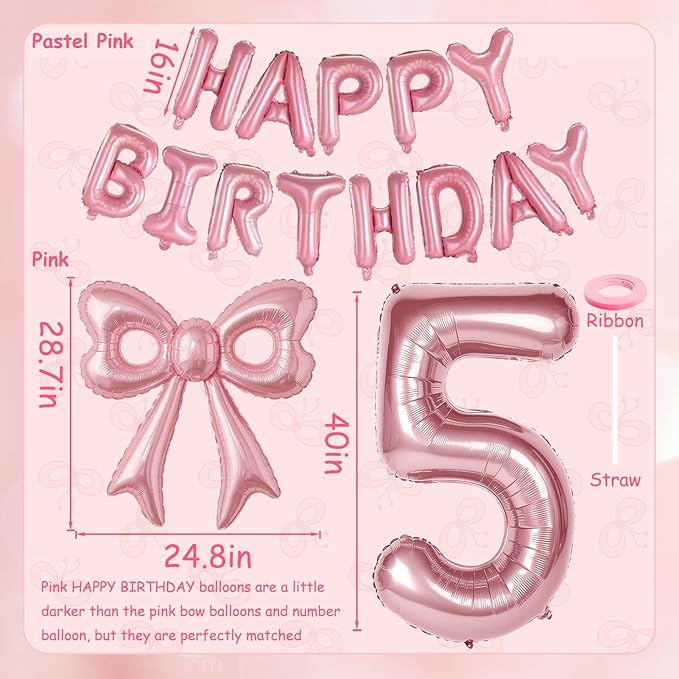 Bow Number 5 Birthday Balloons, 40" Pink Aluminum Foil Balloons Happy Birthday Balloon for Girl 5th Birthday Party, Princess, Coquette Party Decorations Supplies