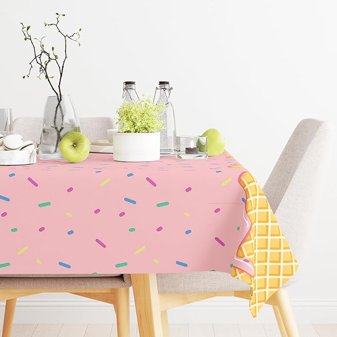 2 Pack Ice Cream Tablecloth for Party Supplies, 108x54 Inch Sweet Dessert Theme Disposable Plastic Table Cover for Kids Birthday, Summer Party Decor for Girls and Boys