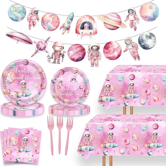 51 Pcs First Trip Around The Sun Birthday Party Supplies Pink Outer Space Tablecloth Paper Dinner Plates Napkins Forks Dinnerware for Space Theme Baby Shower Girls 1st Birthday Party Decorations