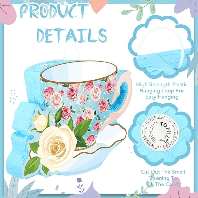 Aoriher 4 Pieces Tea Party Piñatas Tea Flower Themed Decorations Teapot Small Piñata Bundle with Blindfold and Stick Teacup Party Supplies Favors for Birthday (Blue,Teacup)