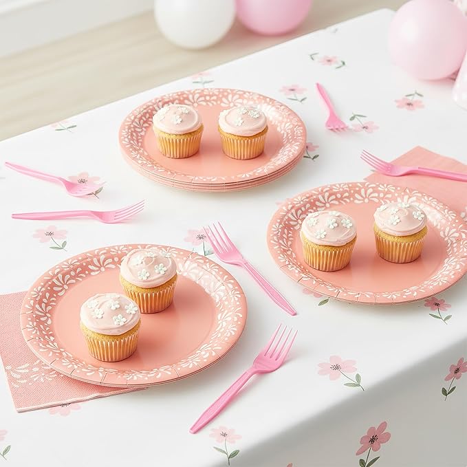 96Pcs Pink Platos De Barro Mexicanos Cielito Lindo Terracotta Clay Party Plates Supplies Tableware Decorations Disposable Paper Plates Napkins Forks for Birthday Baby Shower, Serves 24